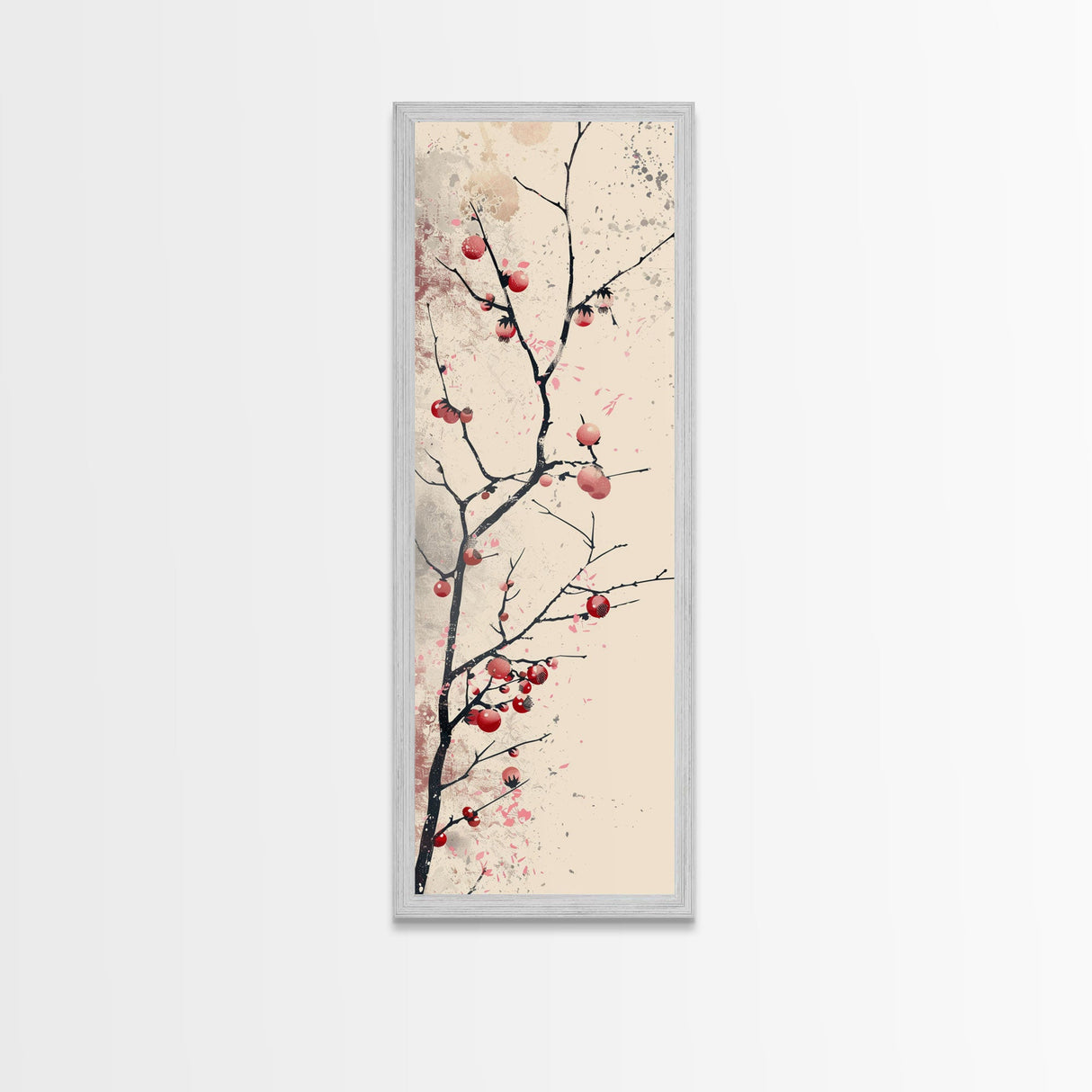 Minimalist Japanese Tree Branch With Red Berries, Ukiyo-e Woodblock Style Canvas, Framed Canvas Print, Japanese Tall Skinny Wall Art, Ready To Hang
