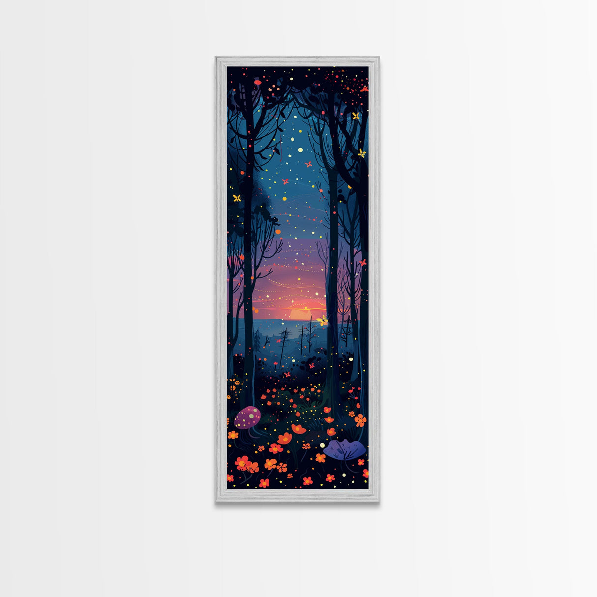 Majestic Nightfall Amidst Illuminated Trees Skinny Art Tall Art Framed Canvas Print Japanese Style Art Ukiyo-e Art Wood Block Print Tranquil Decorative