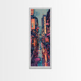 Vibrant Cityscape With Colorful Street Signs Skinny Art Tall Art Framed Canvas Print Japanese Style Art Ukiyo-e Art Wood Block Print Urban Energetic