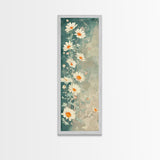 White Daisies With Orange Centers On A Soft Blue-Green Background, Skinny Art Tall Wall Art Framed Canvas Print Japanese Style Art