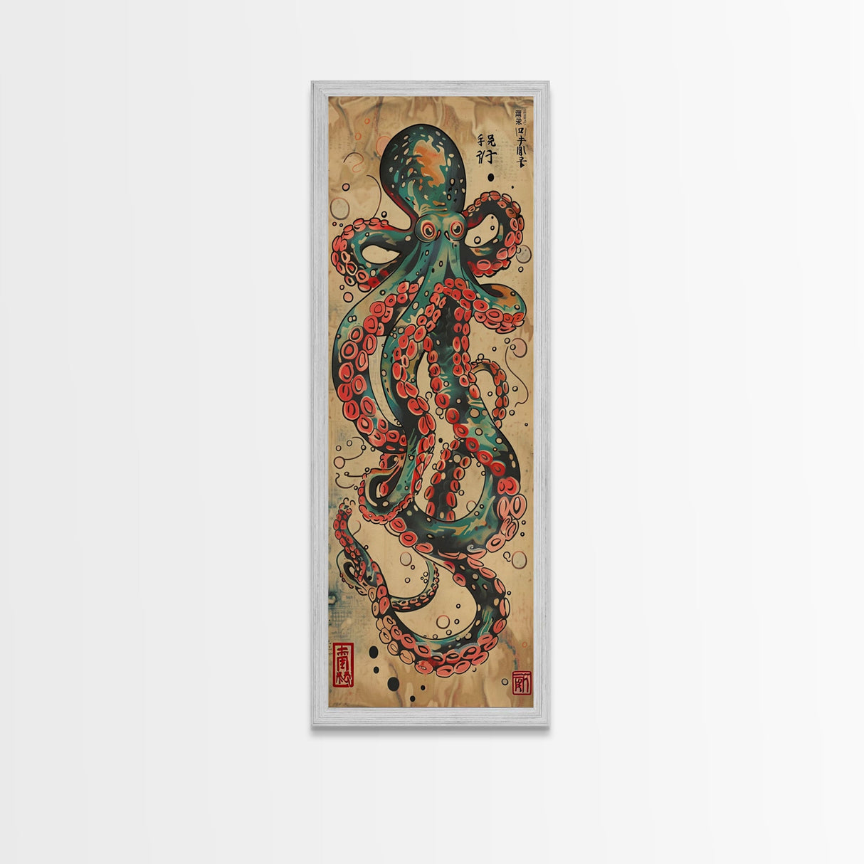 Vintage Canvas Print With Vibrant Octopus Design Ukiyo-e Wall Art Wood Block Print Tall Art Japanese Style Skinny Art