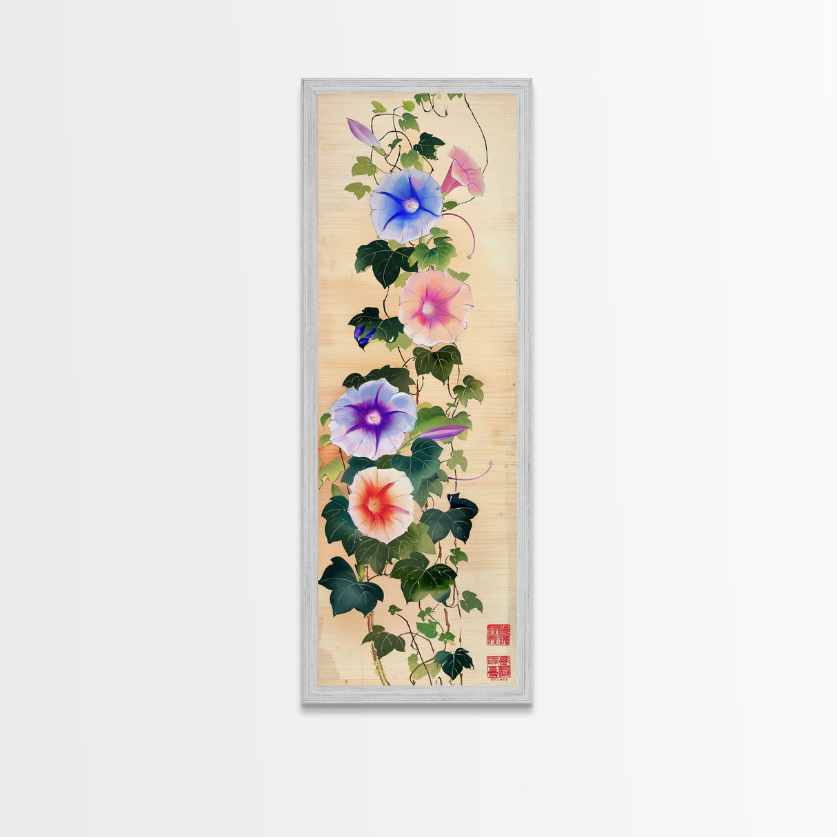 Morning Glories On Wooden Background Ukiyo-e Wall Art Framed Canvas Print Japanese Style Skinny Art Wood Block Print Tall Art
