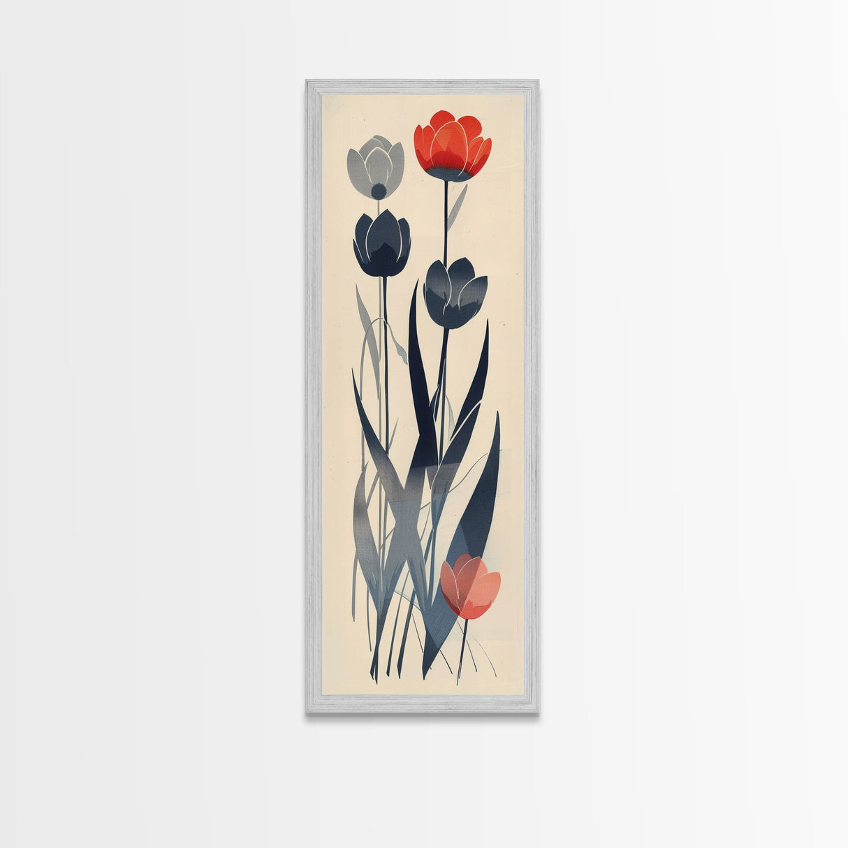 Minimalist Tulips In Red And Gray On Beige Background Framed Canvas Print Ukiyo-e Art Wood Block Print Japanese Style Skinny Art Tall Art