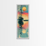 Fishing Boat Reflecting in Water with Vibrant Sunset, Japanese Art-Inspired Tall Framed Canvas Print for Wall Art
