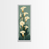 White Calla Lilies on Green Background, Tall Framed Canvas Print in Japanese Ukiyo-e Style Wall Art