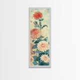 Chrysanthemums in Soft Pastel Tones on Tall Skinny Framed Canvas Print, Japanese Art Wall Decor