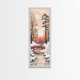 Serene Japanese Winter Landscape Highlighting A Red Bridge Snow-Covered Pines Under A Peaceful Sky Tall Framed Canvas Print Nature Scene