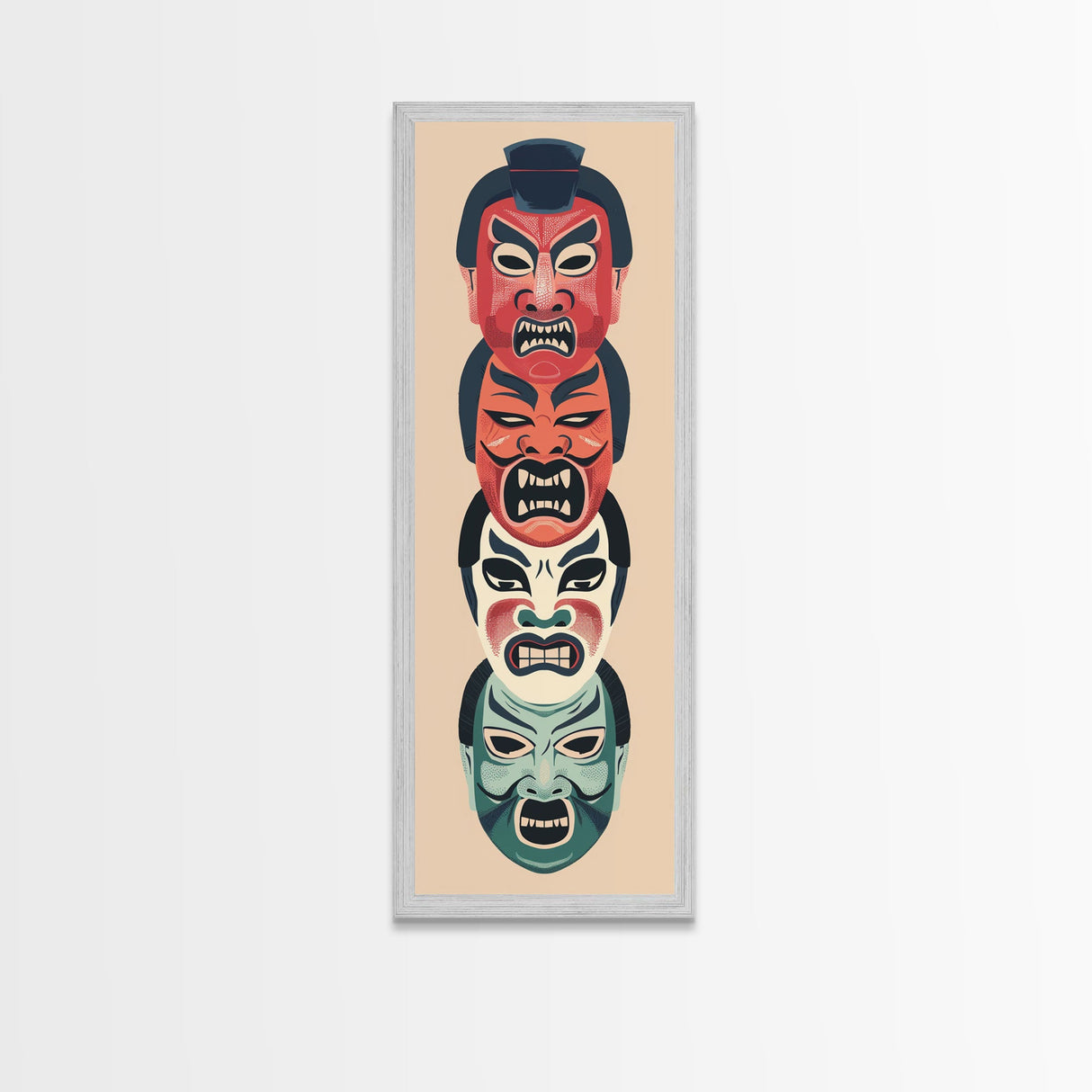 Bold Striking Japanese Kabuki Masks Vibrant Colors Depicted Traditional Style Tall Framed Canvas Print Cultural Home Decor