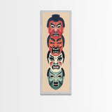 Bold Striking Japanese Kabuki Masks Vibrant Colors Depicted Traditional Style Tall Framed Canvas Print Cultural Home Decor