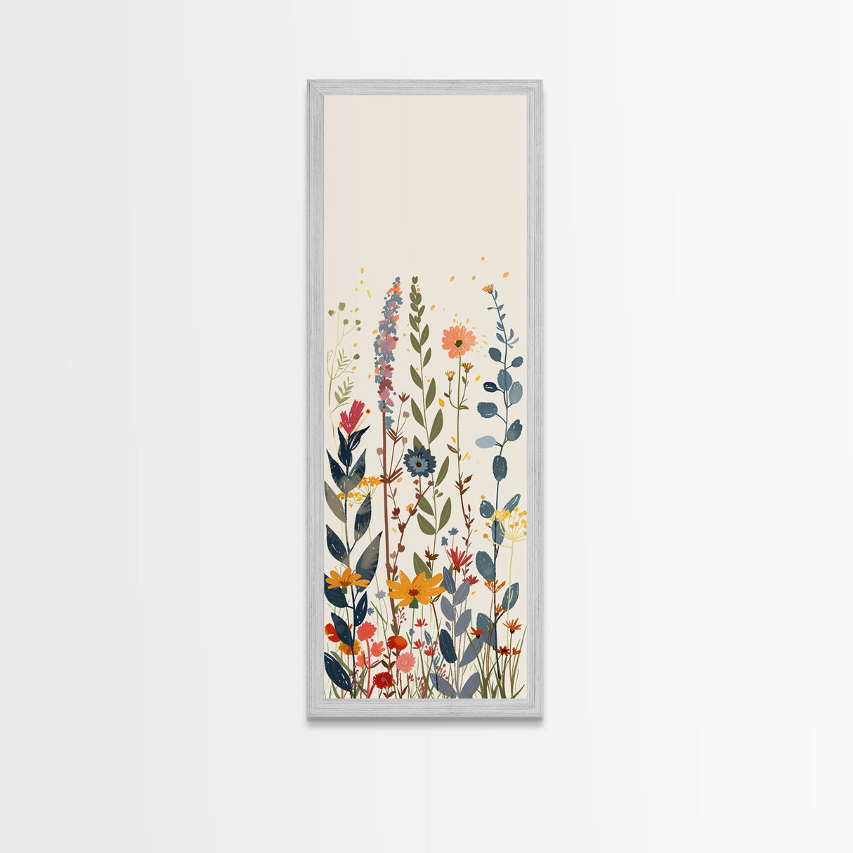 Colorful Wildflowers Whimsical Arrangement Set Against Light Background Tall Framed Canvas Print Brightening Any Space