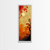 Dramatic Red Autumn Leaves Against Golden Sky Depicted Japanese Style Tall Framed Canvas Print Seasonal Wall Art