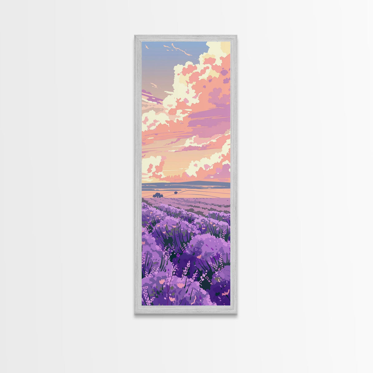 Expansive Lavender Field Beneath a Dramatic Cloudy Sky in Warm Pastel Hues Ukiyo-e Art Japanese Framed Canvas Print Skinny Tall Art