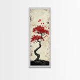 Red Maple Bonsai Tree Japanese Art Skinny Wall Art Framed Canvas Print with Windswept Branches and Red Leaves