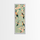 Hummingbirds And Cherry Blossoms In Japanese Style Canvas, Ukiyo-e Inspired Woodblock Art, Framed Canvas Print, Japanese Tall Skinny Wall Art, Ready To Hang