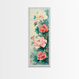 Japanese Style Art, Skinny Art, Tall Art, Peonies In Bloom Wood Block Print Framed Canvas Print Ukiyo-e Art