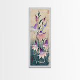Tall Art Featuring Elegant Bellflowers In Soft Purples And Pinks Against A Muted Background, Skinny Art, Japanese Style Art, Ukiyo-e Art, Framed Canvas Print, Wood Block Print