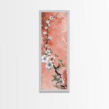 Skinny Art Tall Art Cherry Blossoms Wood Block Print Japanese Style Art With Delicate Branches On Soft Pink Background Framed Canvas Print