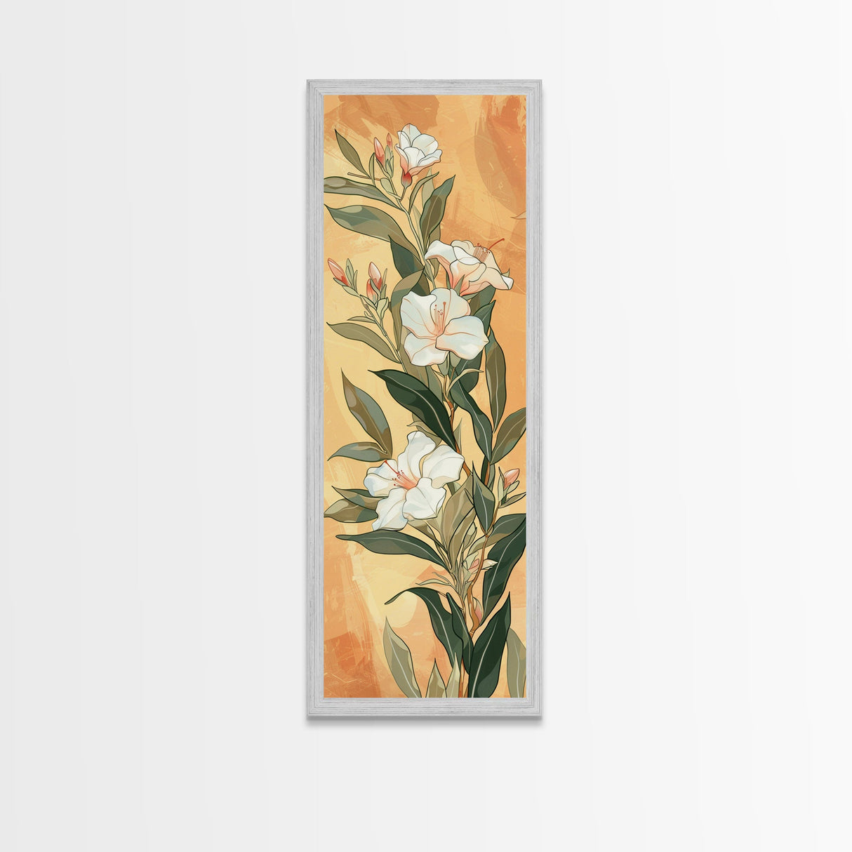 Skinny Art Tall Art Elegant White Flowers Wood Block Print Japanese Style Art Delicate Blooms On Soft Background Framed Canvas Print