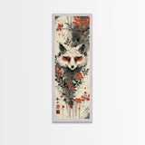 Fox Head Amidst Red Flowers On Textured Background Skinny Art Wood Block Print Framed Canvas Print