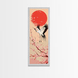 Elegant Crane Bird In Mid-flight Against Bold Red Sun Ukiyo-e Tall Skinny Wood Block Framed Canvas Print Japanese Style Art