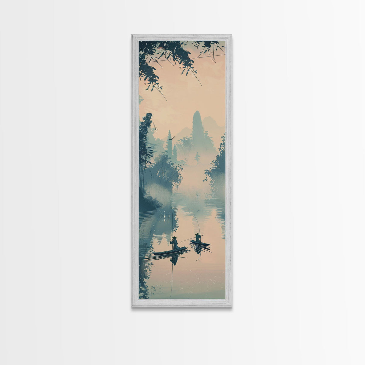 Tranquil Fishermen In Early Morning Misty Lake Scene Ukiyo-e Wood Block Skinny Tall Framed Canvas Print Japanese Style Art