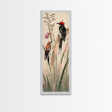 Detailed Woodpeckers Perched On Stems Amid Nature For Rustic Wall Art Ukiyo-e Japanese Style Art Skinny Framed Canvas Print