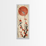 Delicate Birds Perched On Blooming Branch With Red Sun For Traditional Japanese Wall Art Decor Ukiyo-e Style Framed Canvas Print