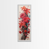 Vibrant Red Leaves On A Gnarled Tree Trunk, Tall Skinny Canvas Print For Feng Shui Decor, Japanese Style Wall Art