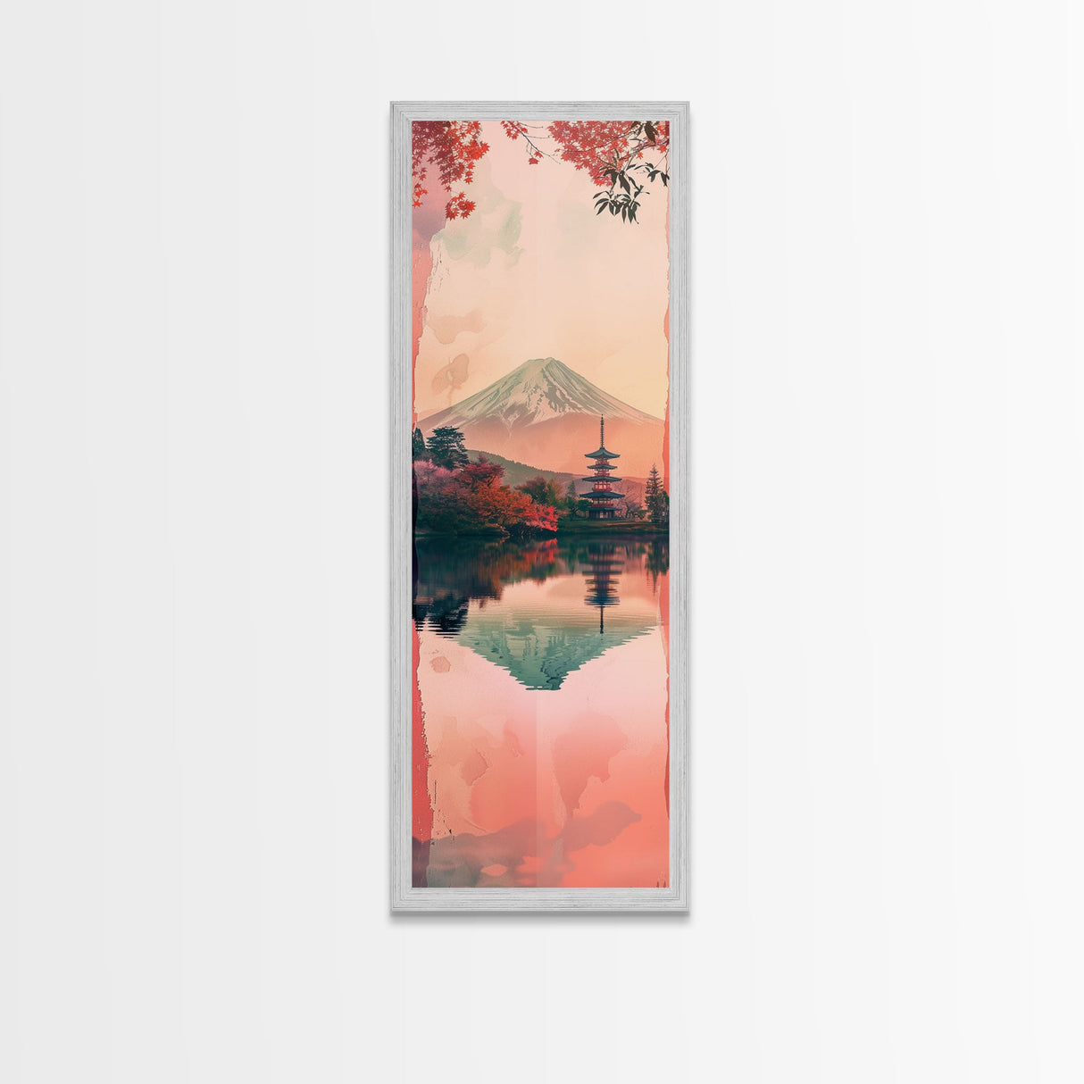 Skinny Art Tall Art Framed Canvas Print Japanese Style Art Mount Fuji Lake Reflection Red Maple Wood Block Print Ukiyo-e Feng Shui Wall Art