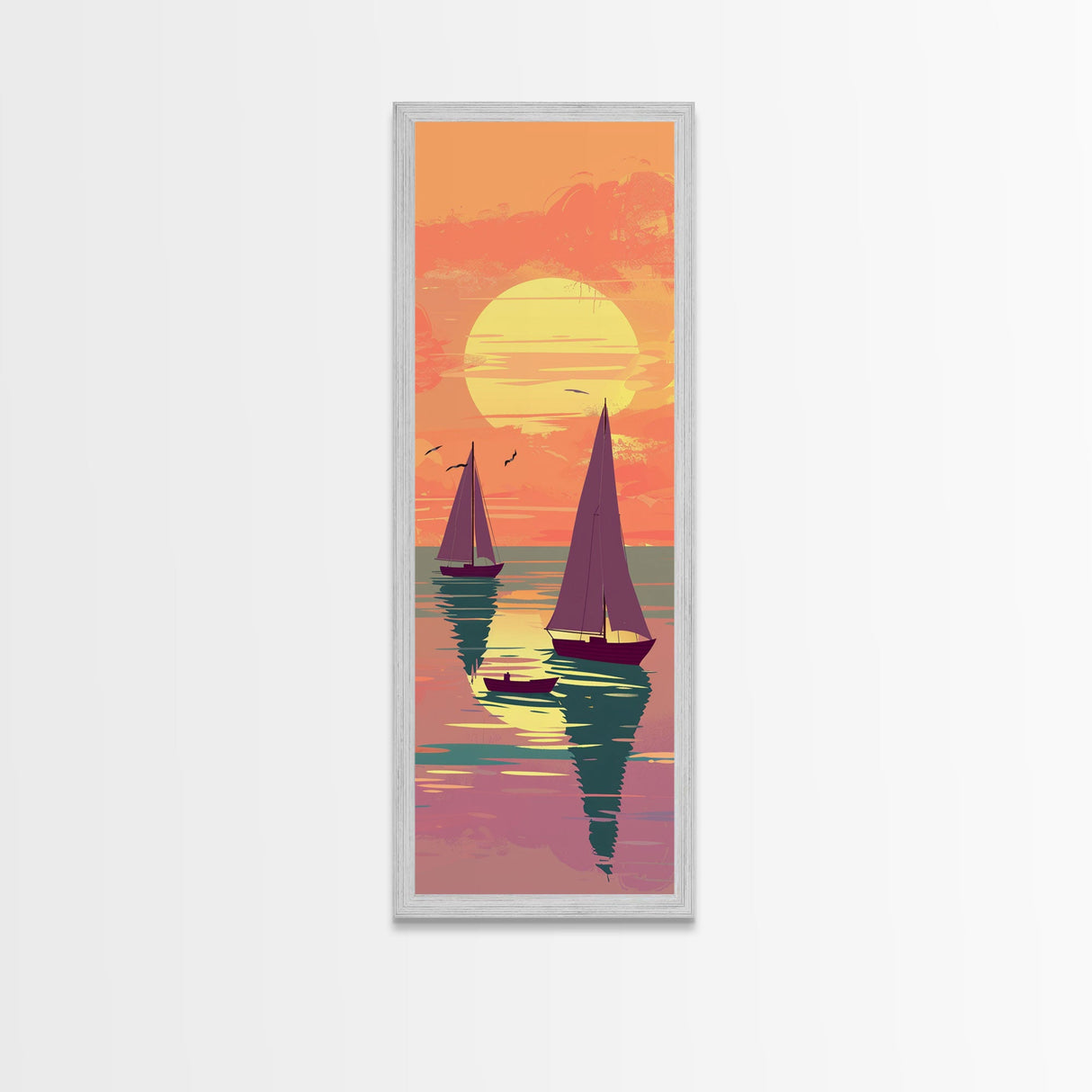 Sailing Boats In The Sunset Over Serene Waters In Japanese Style Ukiyo-e Art Framed Canvas Print Skinny Art Tall Art