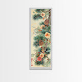 Pine Tree Branches With Blossoms And Pine Cones In Japanese Style Ukiyo-e Art Framed Canvas Print Skinny Art Tall Art