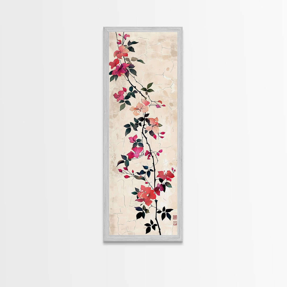 Pink Bougainvillea Vines On White Background Skinny Art Wood Block Print Japanese Style Art Framed Canvas Print Tall Art Ukiyo-e Art