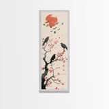 Crows On Bare Tree Branches Against Red Sun Skinny Art Wood Block Print Japanese Style Art Framed Canvas Print Tall Art Ukiyo-e Art