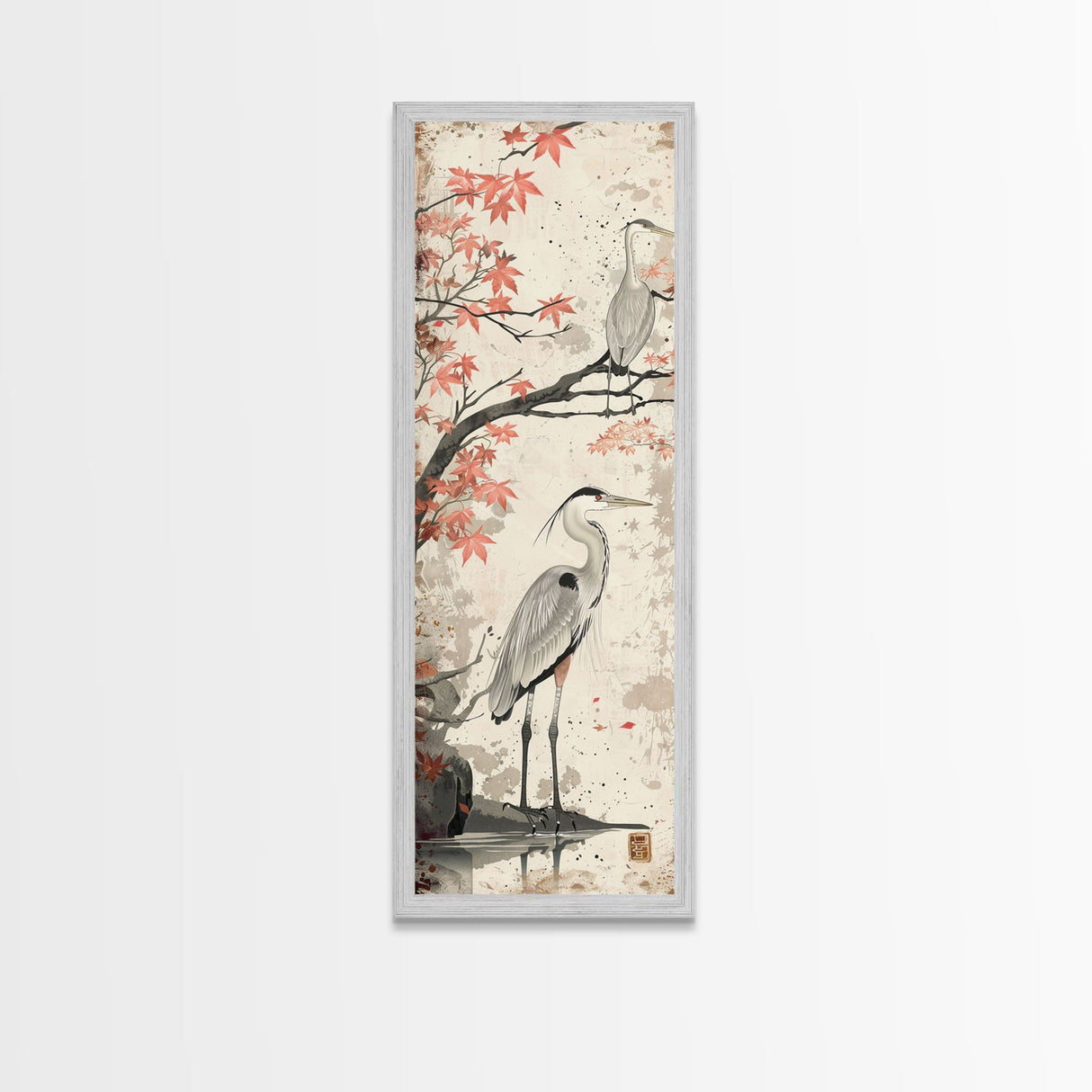 Herons On Autumn Branches Skinny Art Wood Block Print Japanese Style Art Framed Canvas Print Tall Art Ukiyo-e Art
