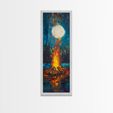 Moonlit Campfire Framed Canvas Print moody art mountain painting above couch art rustic wall art tall narrow art