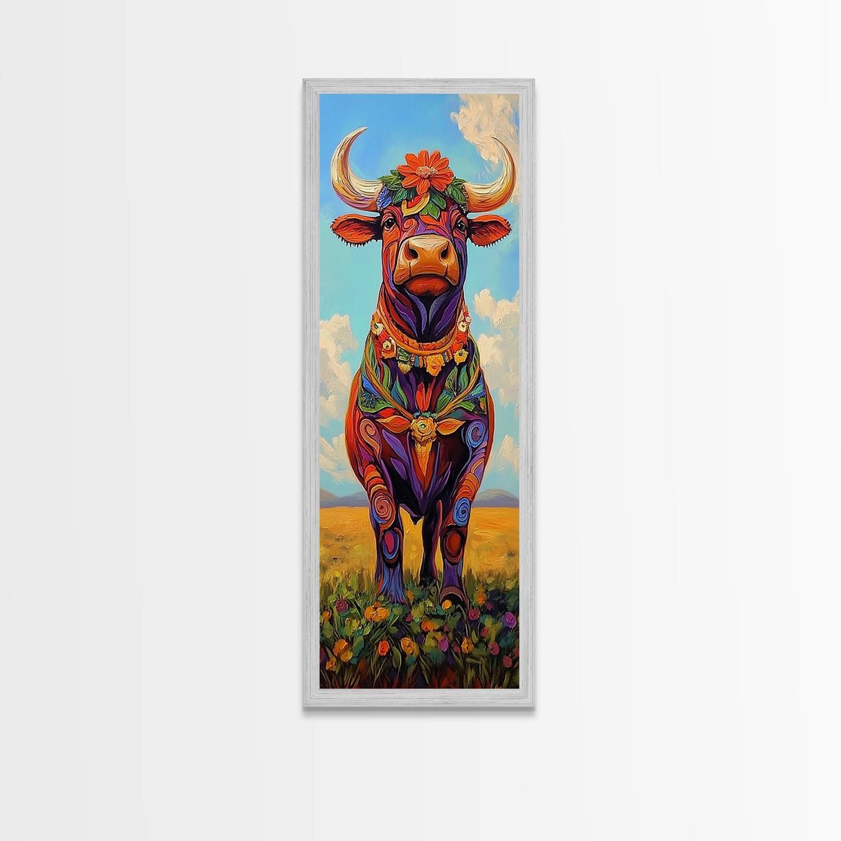 Colorful Cow Painting Framed Canvas Print Whimsical Art Rustic Decor Folk Art Southwest Wall Art Boho Art Gift Idea