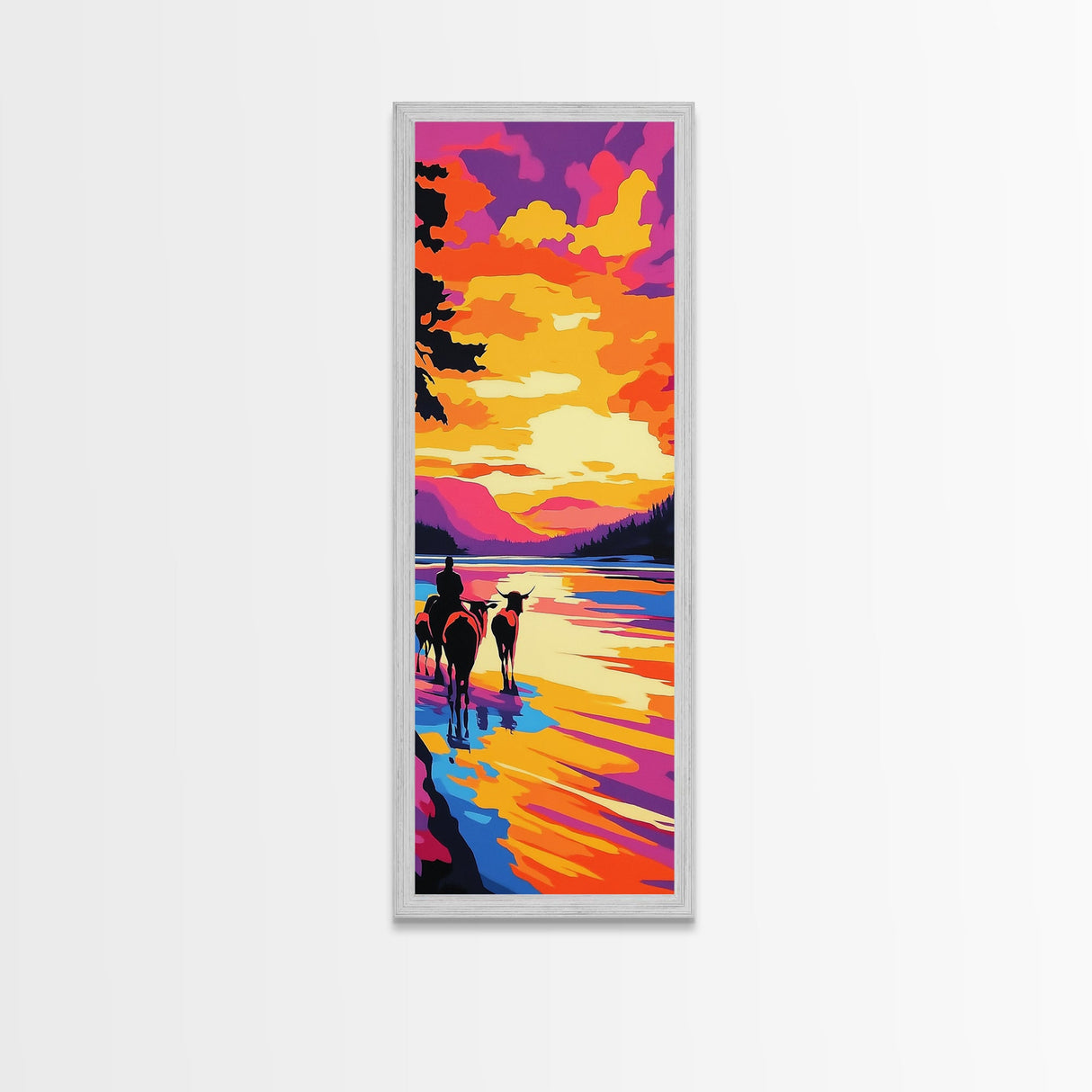 Sunset Cowboy Art Framed Canvas Print Vibrant Western Wall Art, Chicano Art, Colorful Wall Art, Southwest Wall Art, Extra Wide Art