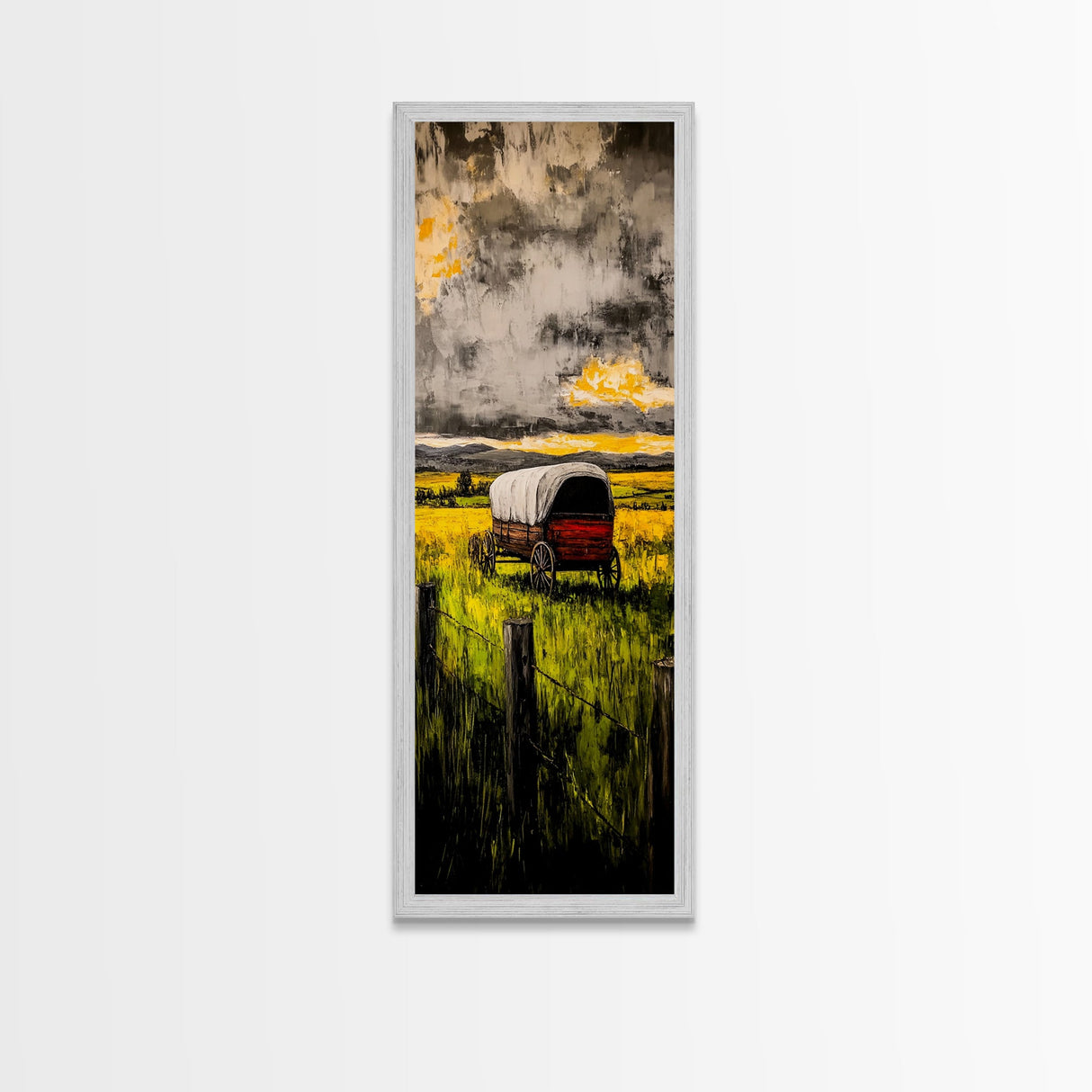 Scenic Prairie Wagon Art Framed Canvas Print, Rustic Decor, Farmhouse Art, Moody Art, Above Couch Art, Extra Wide Art