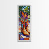 Western Cowboy Boots Art Framed Canvas Print, Rustic Wall Art, Coastal Cowgirl Wall Art, Moody Art, Whimsical Art, Gift Idea