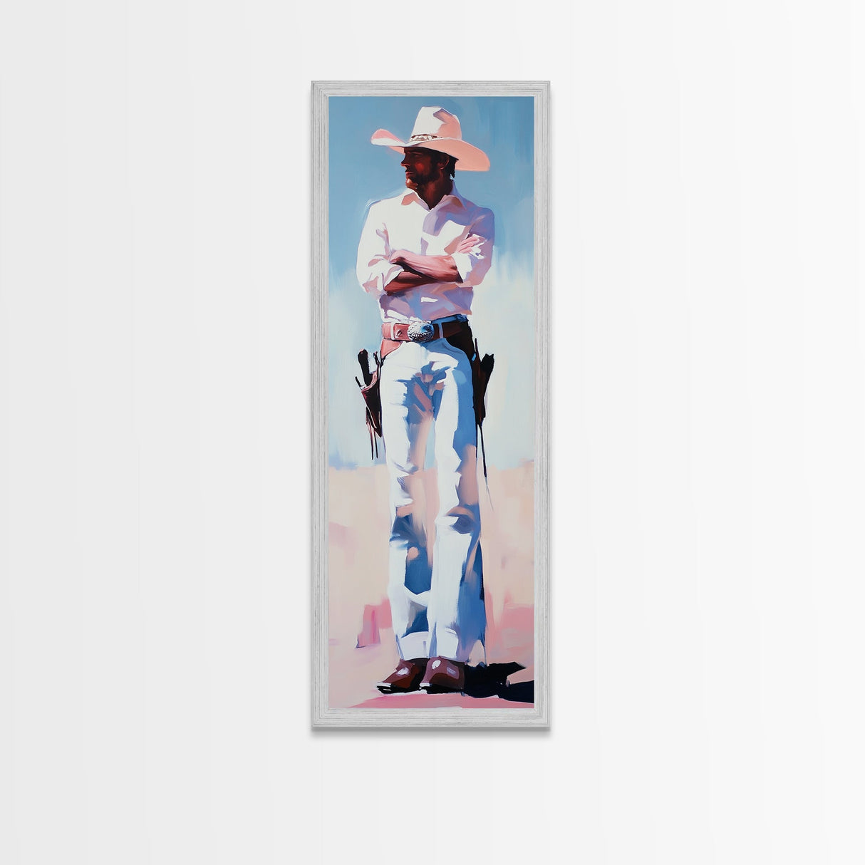 Western Cowboy in White Framed Canvas Print, Rustic Wall Art, Moody Art, Southwest Wall Art, Vintage Horse Art, Extra Wide Art