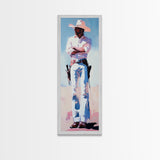 Western Cowboy in White Framed Canvas Print, Rustic Wall Art, Moody Art, Southwest Wall Art, Vintage Horse Art, Extra Wide Art
