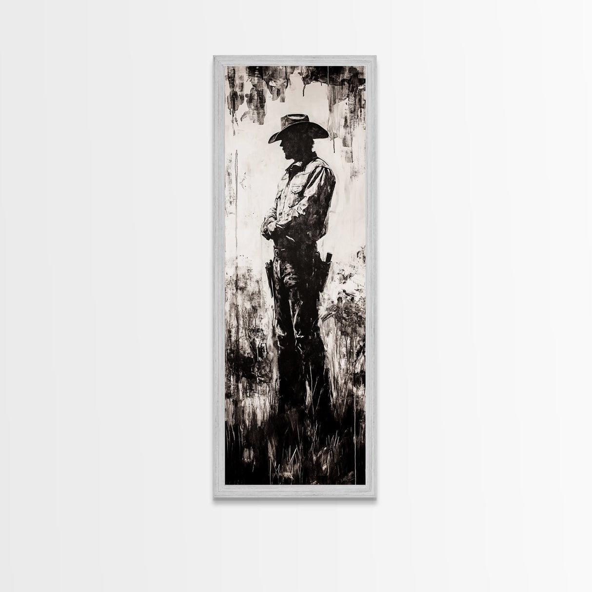 Black and White Cowboy Art Framed Canvas Print, Rustic Wall Art, Moody Art, Southwest Wall Art, Vintage Horse Art, Tall Narrow Art