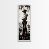 Black and White Cowboy Art Framed Canvas Print, Rustic Wall Art, Moody Art, Southwest Wall Art, Vintage Horse Art, Tall Narrow Art