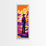 Colorful Sunset Cowboy Art Framed Canvas Print, Southwest Wall Art, Moody Art, Whimsical Art, Pink Orange Wall Art, Tall Narrow Art