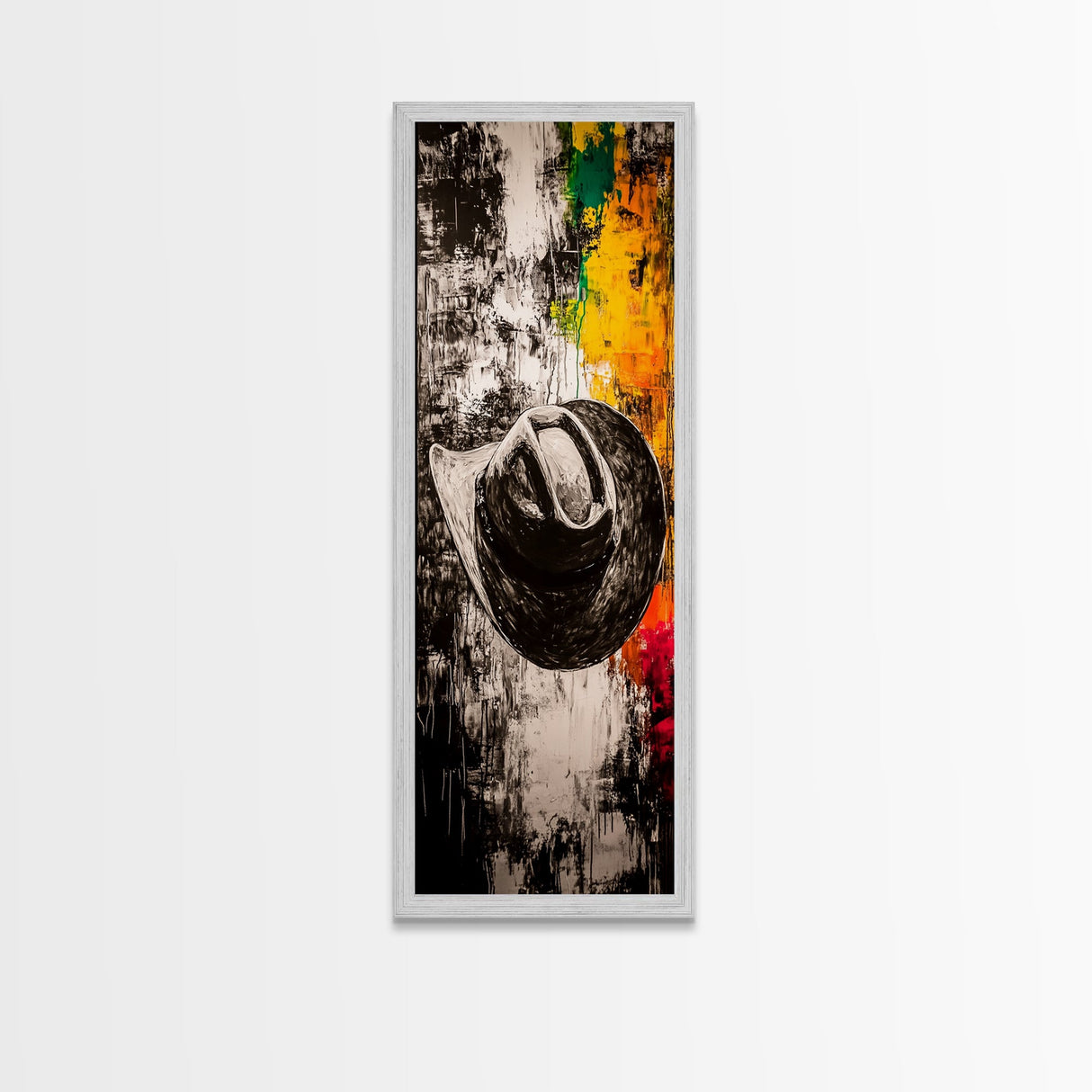 Black and White Cowboy Hat Framed Canvas Print, Moody Art, Southwest Wall Art, Rustic Wall Art, Wabi Sabi Art, Extra Wide Art