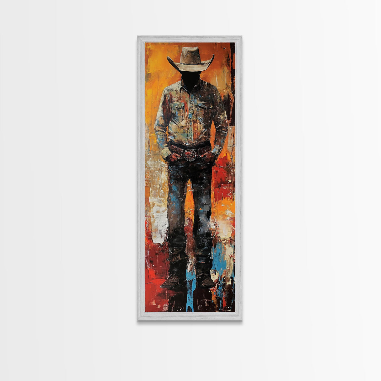 Lone Cowboy Sunset Framed Canvas Print southwest wall art extra wide art rustic wall art pink orange wall art bold decor cowboy art