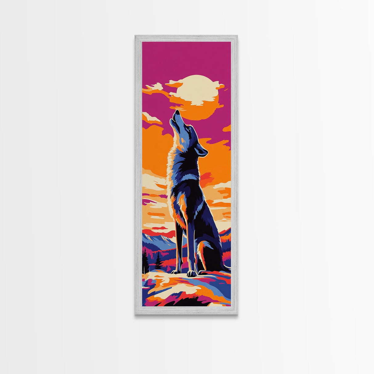 Sunset Wolf Silhouette Framed Canvas Print pink orange wall art, tall skinny art, extra wide art, landscape painting, colorful wildlife art, whimsical art, Joshua tree art, southwest wall art