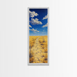 Golden Prairie Trail Framed Canvas Print rustic wall art, southwest wall art, landscape painting, farmhouse art, extra wide art, panoramic painting, above sofa art, wabi sabi art, Joshua tree art