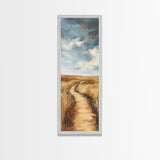 Serene Rural Path Framed Canvas Print landscape painting, farmhouse art, above couch art, rustic wall art, wabi sabi art, extra wide art, panoramic art, warm neutral wall art, barn landscape oil painting