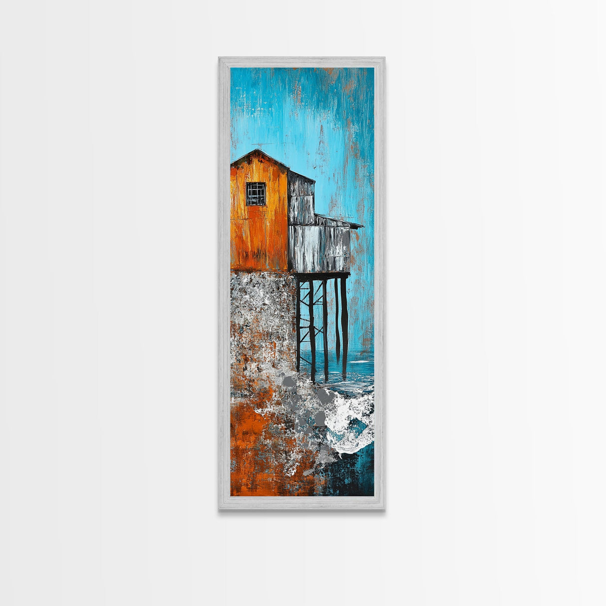 Rustic Stilt House Coastal Canvas Print Coastal Wall Art Nautical Painting Seascape Painting Blue And Green Wall Art Nautical Decor